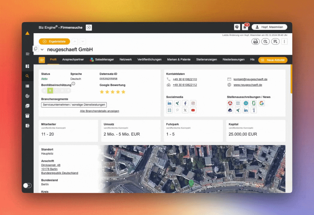 Test Sales Manager: Mini CRM gefüllt mit Leads und aktuellen Kontakten.